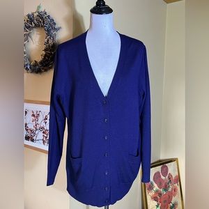 Vtg LORD & TAYLOR Size Medium Longline Cardigan Navy Blue Luxe Merino Wool NWT